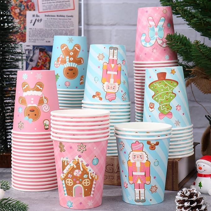 JarThenaAMCS 120Pcs Christmas Gingerbread Paper Cups 9oz Disposable Drinking Cups Pink Blue Nutcracker Candy Cane Holiday ...