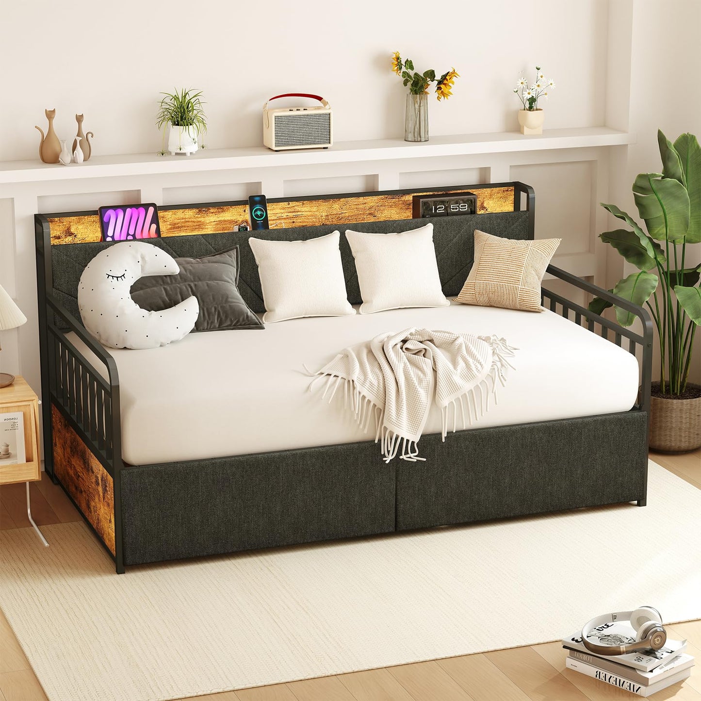 Zevemomo Twin Daybed with 2 Storage Drawers Charging Station LED Lights and Upholstered Headboard, Day Bed with Storage, Metal Bed Frame with Steel Slat Support for Living Room, Bedroom, Black