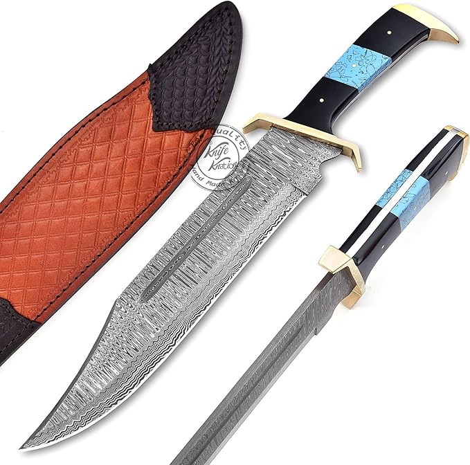 Damascus Steel Western Outlaw Bowie Hunting Knife, Fixed Blade Survival & Hunting Knife, Camping, Bushcraft, EDC - Gift fo...