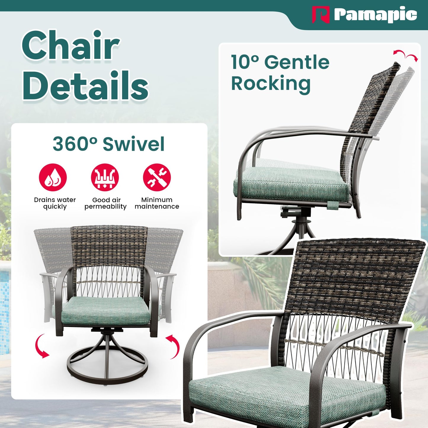 Pamapic 5 Piece Patio Dining Set for 4,Outdoor Wicker Furniture Set for Backyard Garden Deck Poolside with 4 Cushions Swivel Rocker Chairs, Square Iron Slats Table Top, Removable Cushions(Green)