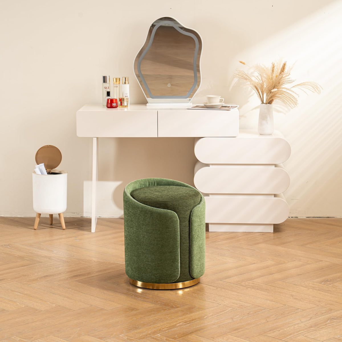 DRKAT Swivel Vanity Stool with Gold Base Comfy Vanity Chair Modern Round Stool for Makeup Vanity Ottoman Foot Rest for Bedroom livingroom (Green)