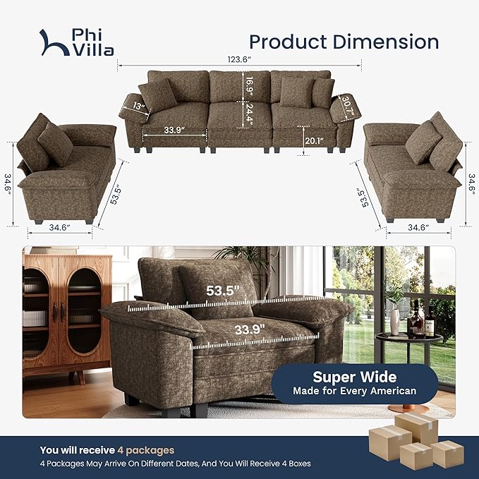 PHI VILLA Cloud Modular Couches Sets, 3 Pieces Large Sectional Sofa Set with Single Sofa, 5-Seater Upholstered Couch for Living Room, Chenille Fabric, Taupe