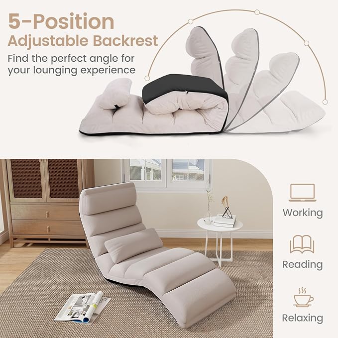 KOMFOTT Foldable Floor Lazy Sofa with Pillow, Indoor Chaise Lounge with 5 Adjustable Positions, Adjustable Back Support & Footrest, Video Gaming Chair for Home, Office, Reading, Watching (Beige)