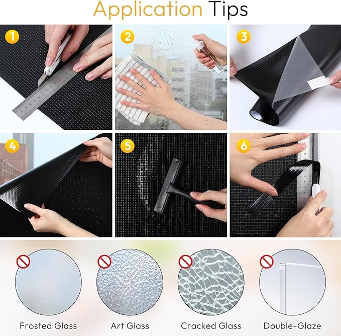 rabbitgoo Window Privacy Film Blackout Mosaic Static Cling Decorative, Removable Rainbow Window Film, Non-Adhesive Heat Control UV Blocking for Bathroom, 35.4 x 78.5 inches Black