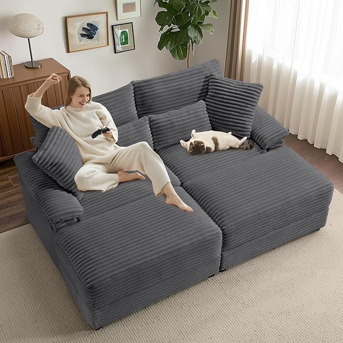 SUNWAVE 74" W Double Chaise Lounge Chair Indoor, Oversized Loveseat with Storage Ottoman, Corduroy Couch with USB Charging, Removable Ottoman, and Coffee Table Cushions for Living Room Bedroom