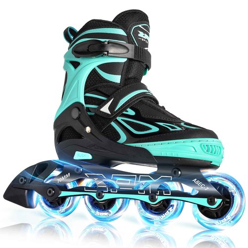 2PM SPORTS Vinal Girls Adjustable Flashing Inline Skates, All Wheels Light Up, Fun Illuminating Skates for Kids Women and Men - Mint Medium