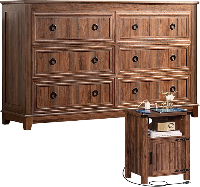 Joaxswe Farmhouse Dresser and Nightstand Sets, Furniture Sets 18" Night Stand with Charging Station and 6 Drawers Dressers for Bedroom, 54" Dressers and Nightstand Set for Bedroom, Living Room