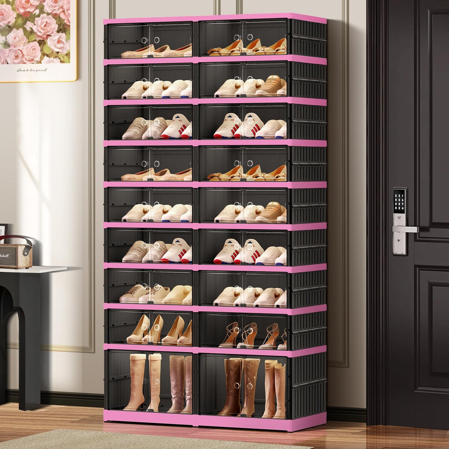 CIMLORD 9-Tier Foldable Shoe Rack Organizer for Closet,36 Pairs Collapsible Plastic Shoe Shelf,Large Shoes Cabinet with Door,Clear Stackable Storage Box Easy Assembly（Black-pink）