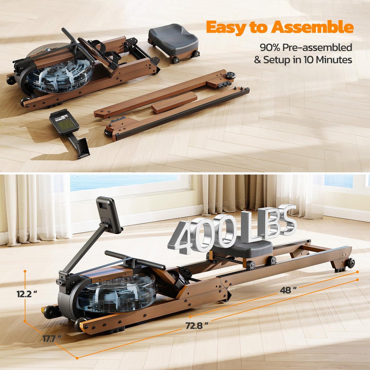 Dripex Rowing Machines for Home Foldable, Water Rowing Machine Max 400 LBS, Water Row Machine with Large LCD Monitor, Smooth Slide Rail, Bluetooth App Supported, Wooden Rower for Home Gym Exercise