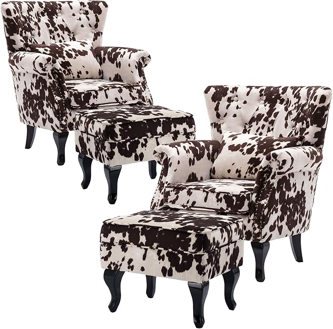 DM Furniture Set of 2 Mid-Century Modern Accent Chair with Ottomans, Velvet Armchair w/Tufted Back/Wood Legs, Upholstered Lounge Arm Chair Single Sofa for Living Room Bedroom, Cow Print