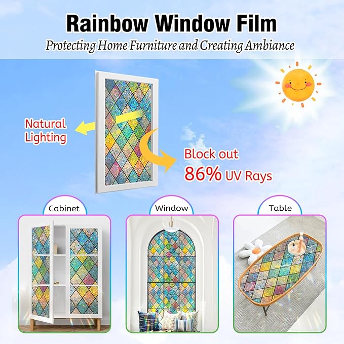 QHY Sunshine Colorful Rainbow Stained Glass Window Film Non-Adhesive Window Privacy Film Reusable Decorative for Room (Chequered Rainbow, 17.5 X 78.7 in)