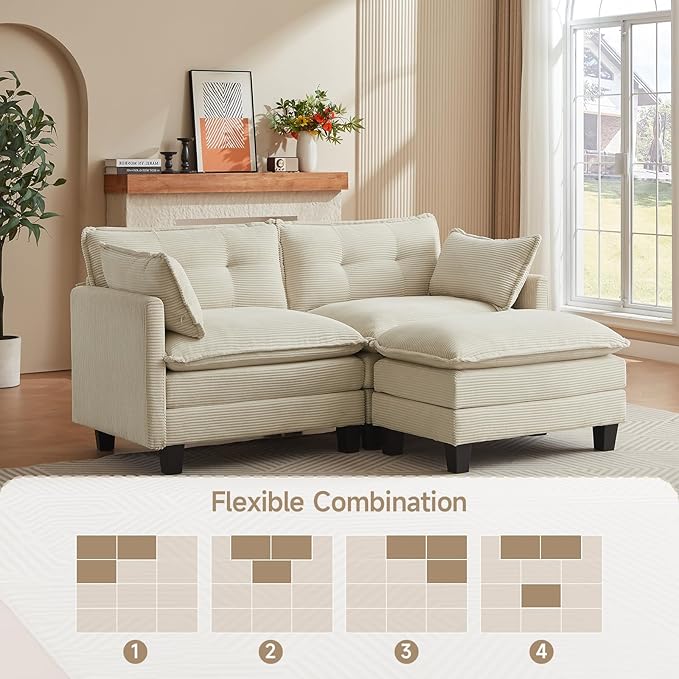 Amsleekey Modular Sectional Sofa, 76.5" L-Shaped Corduroy Comfy Sectional Couches for Living Room, 2-Seater Cloud Couches with 1 Movable Ottoman, Flexible Combination Modern Deep Seat Sofa (Beige)