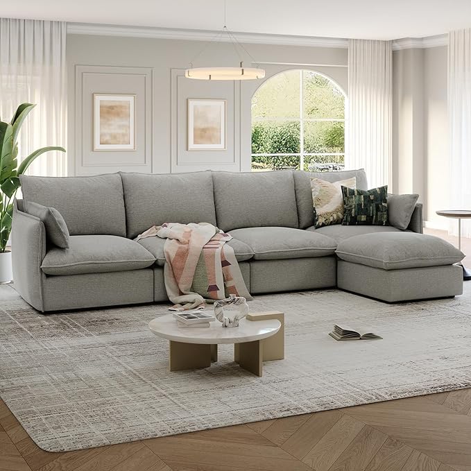 Lopzeho 124" Cloud Modular Sectional Sofa, Waterproof Down Filled Sectional Couch, High Backrest L Shaped 4 Seater Couch with Ottoman, Modern Modular Sofas with Removable Cover, Light Gray