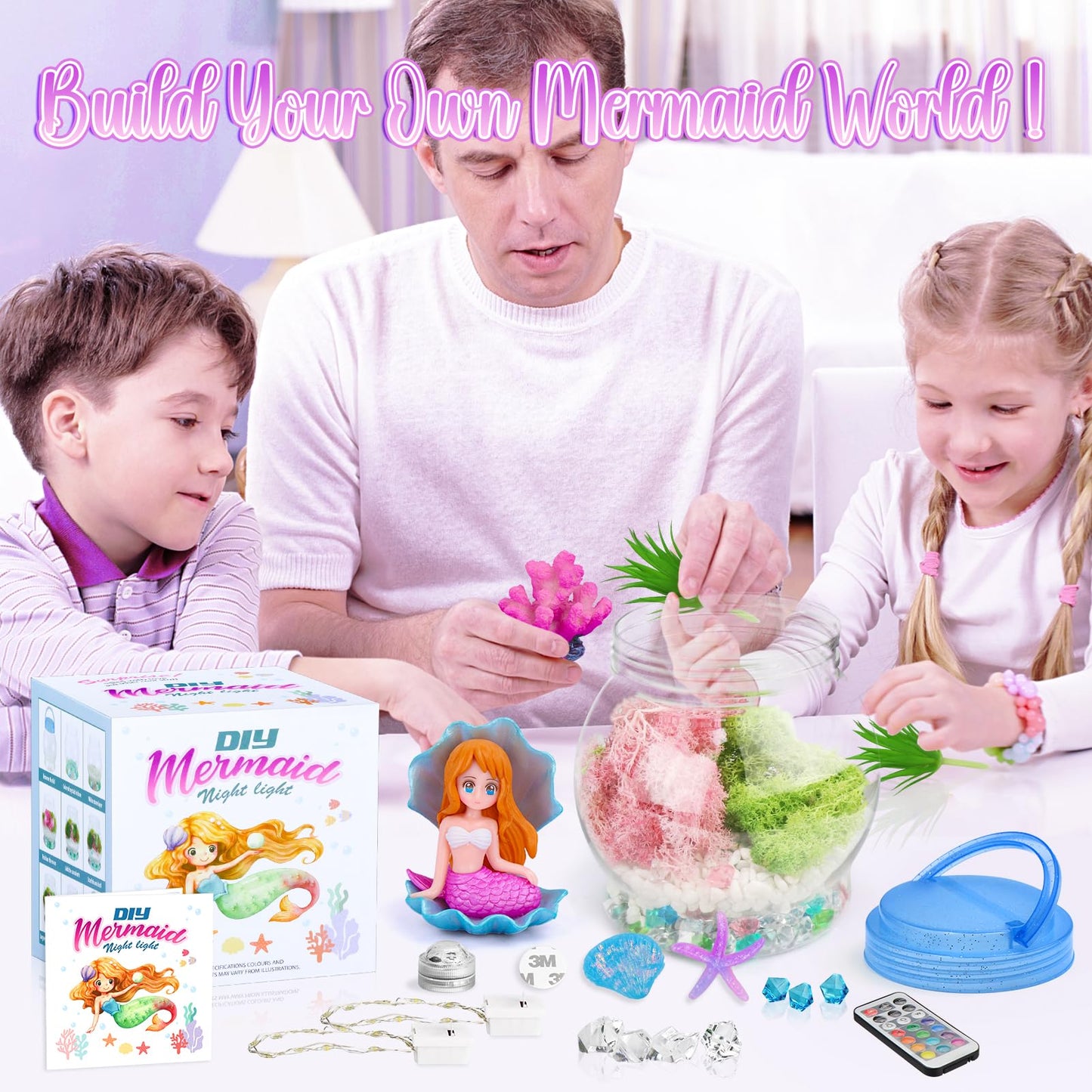 DIY Light-Up Mermaid Terrarium Kit for Kids, 3 Light Modes Mermaid Toys & Activities Kits Presents, Arts & Crafts Mermaid Gifts for Girls Age 4 5 6 7 8-12 Years Old, Birthday Gift, Bedroom Decor