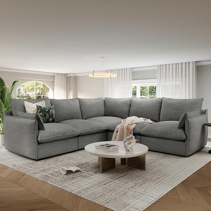 Lopzeho Cloud Modular Sectional Sofa, Waterproof Down Filled Sectional Sofas, High Backrest V Shaped 5 Seater Sectional Couches for Living Room, Modern Modular Couch with Removable Cover, Dark Gray