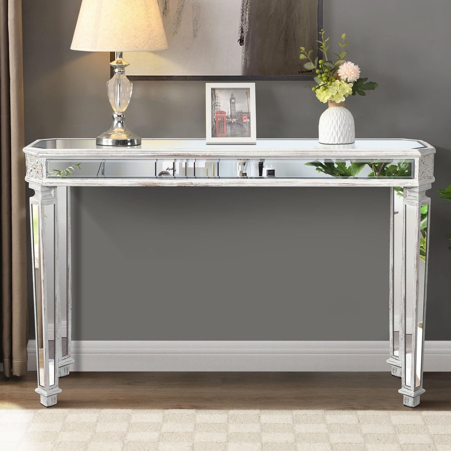 SSLine Mirror Console Table for Living Room 55" Modern Mirrored Entryway Table with Retro Wooden Carved Edge Luxury Glass Foyer Tables for Entryway Hallway