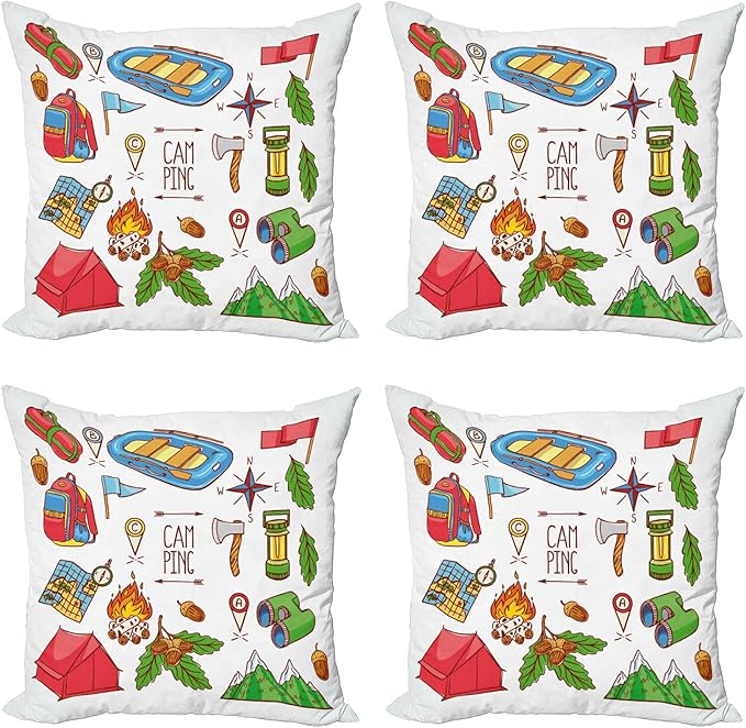 Lunarable Camper Throw Pillow Cushion Case Pack of 4, Camping Lifestyle Equipments a Boat Compass Map Ax Tent Tourism Illu...