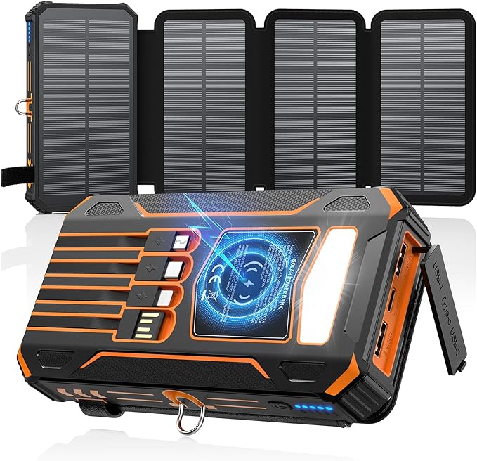 SOARAISE Solar Charger Power Bank - 48000mAh Wireless Portable Charger Built-in 4 Cables and 4 Solar Panels, PD QC 3.0 Fas...
