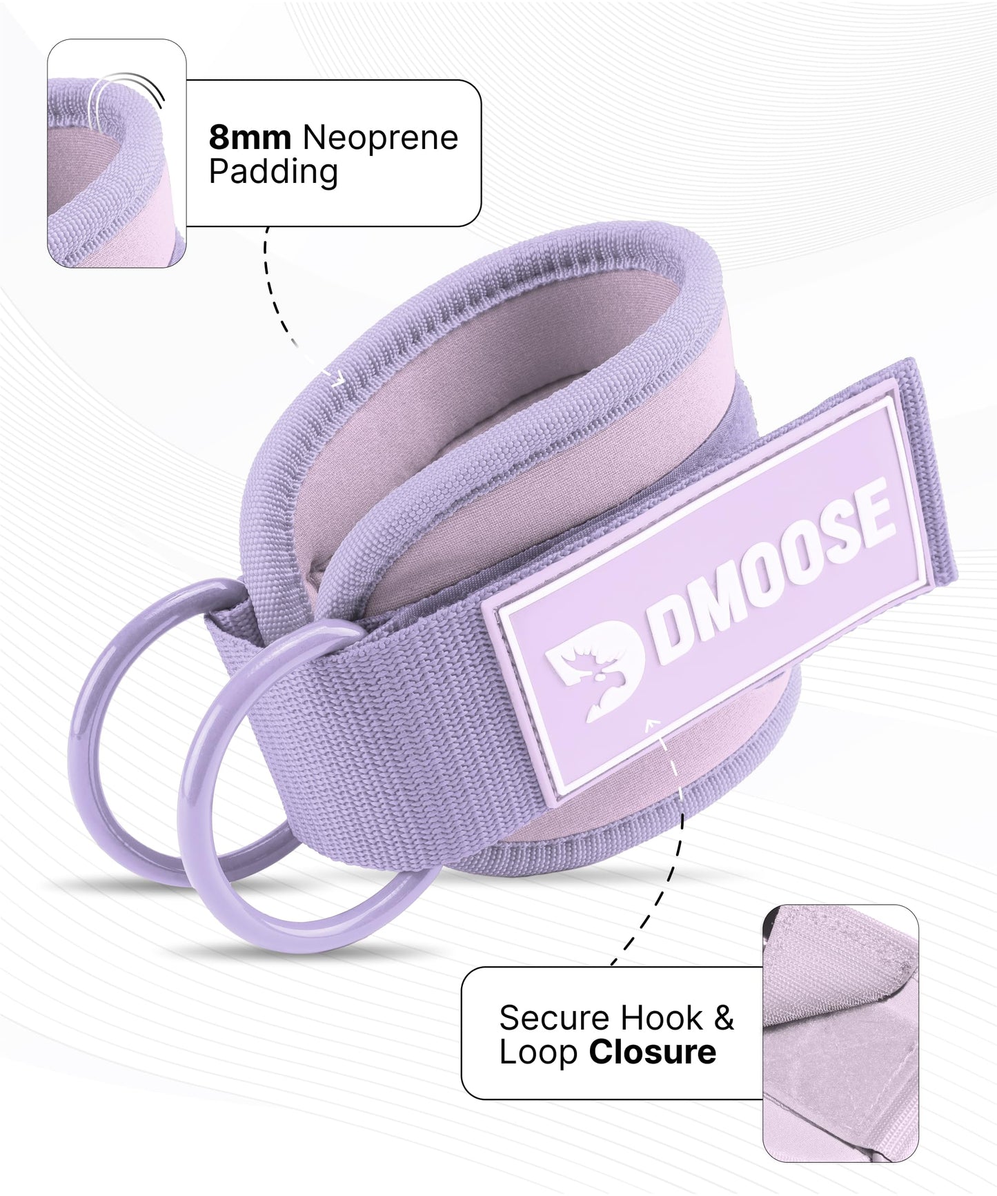 DMoose Fitness Ankle Straps for Cable Machines - One Size Fit Premium Padding, Glute Kickback Ankle Strap for Women & Men, Cable Attachments for Gym & Booty Workouts (Lilac Purple - Pair)