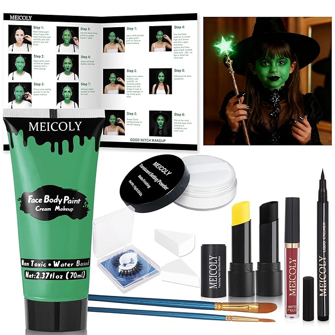 MEICOLY Complete Green Witch Makeup Kit,Wicked Costume Halloween SFX Frankenstein Makeup Set,Elphaba Green Face Paint for Character Cosplay Stage Performance Theater,Setting Powder,Yellow Face Paint