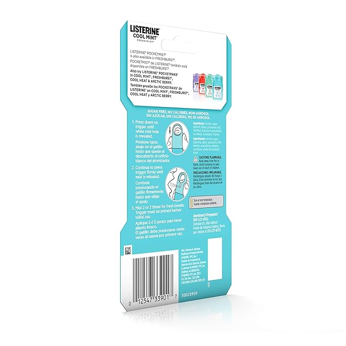 Listerine Mouthwash Pocketmist, Cool Mint | Portable Spray | Sugar-Free | Kills 99% of Germs | Fresh Breath