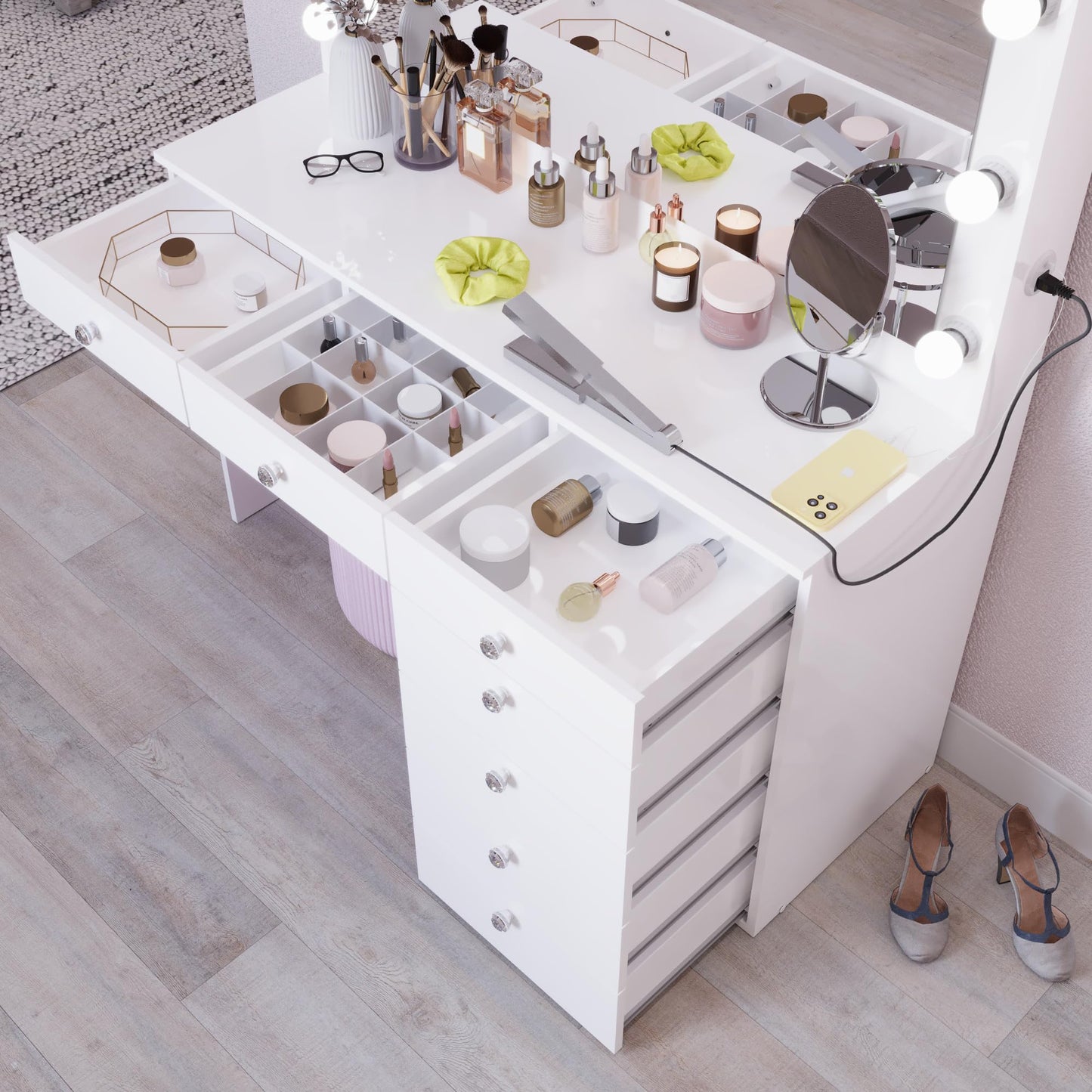 Boahaus Diana Premium White Makeup Vanity Desk with New Built-in Lights, 7 Drawers, USB Type-C & Type-A Ports, 110V Power Outlet, and Crystal Knobs – Upgraded Vanity Table for Bedroom