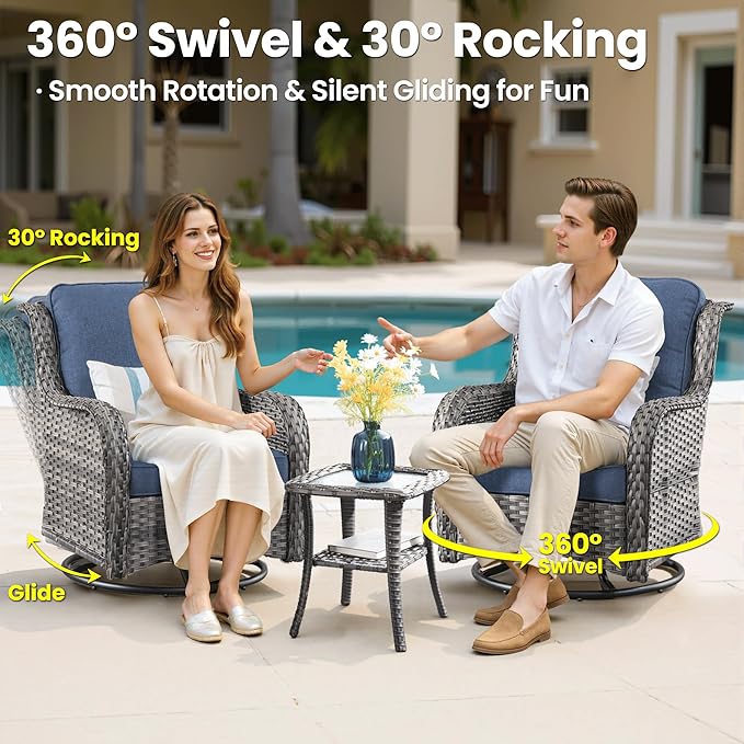 ovios 5 Pieces Patio Furniture Set, Outdoor Wicker Sofa Couch with Swivel Chairs 42" Fire Pit Table, High Back Modern All Weather Conversation Sets, Grey Rattan, Denim Blue