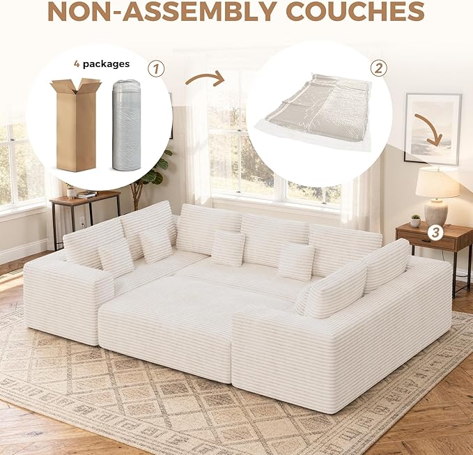 136'' Large Sectional Cloud Couches with Chaise, U Shaped Boneless Sofa Bed with Ottoman, No Assembly Required Deep Seat Modular Lounge for Living Room 4PCS Set, Bedroom(Beige)