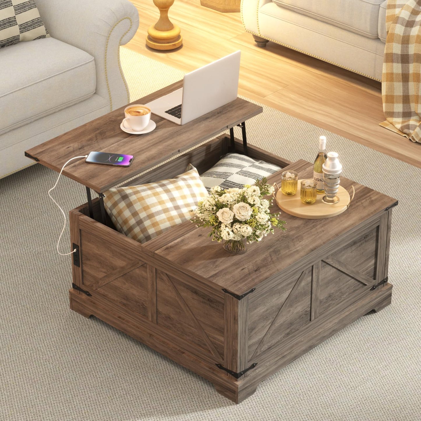 Coffee Table with Storage, 31.5" W Farmhouse Lift Top Wood Square Center Table with Charging Station, Rustic Cocktail Tables with Flip Top Lids for Living Room, Home Office, Grey