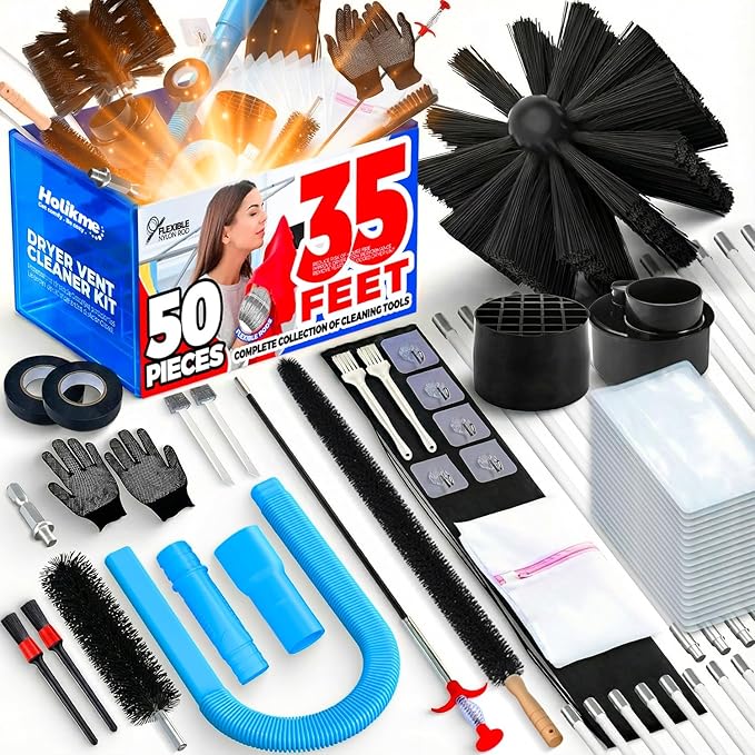 Holikme 50 Pieces 35 Feet Dryer Vent Cleaner Kit, Dryer Cleaning Tools, Include Dryer Vent Brush, Omnidirectional Blue Dry...