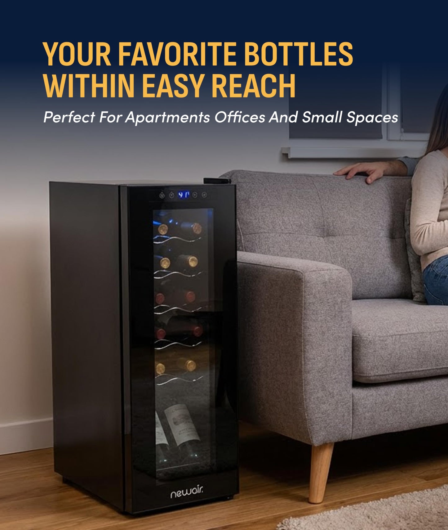 NewAir 10" Wine Fridge for 12 Bottles | Freestanding Wine Cooler Refrigerator with Glass Door | Compact Countertop Storage with Precision Cooling & Quiet Operation | Black