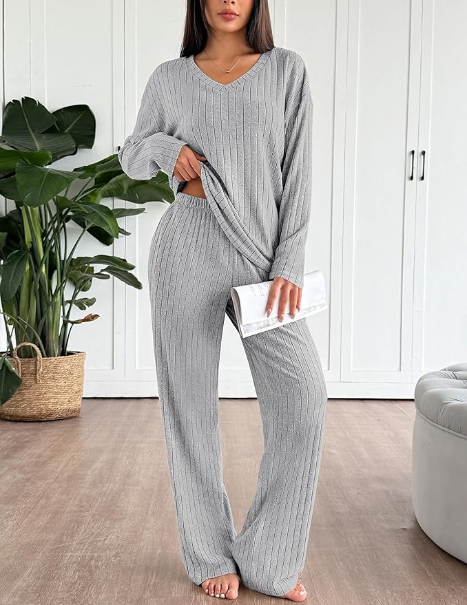 Ekouaer Lounge Sets for Women Long Sleeve Knit Ribbed Pajama Sets 2 Piece Casual Loungewear with Pockets