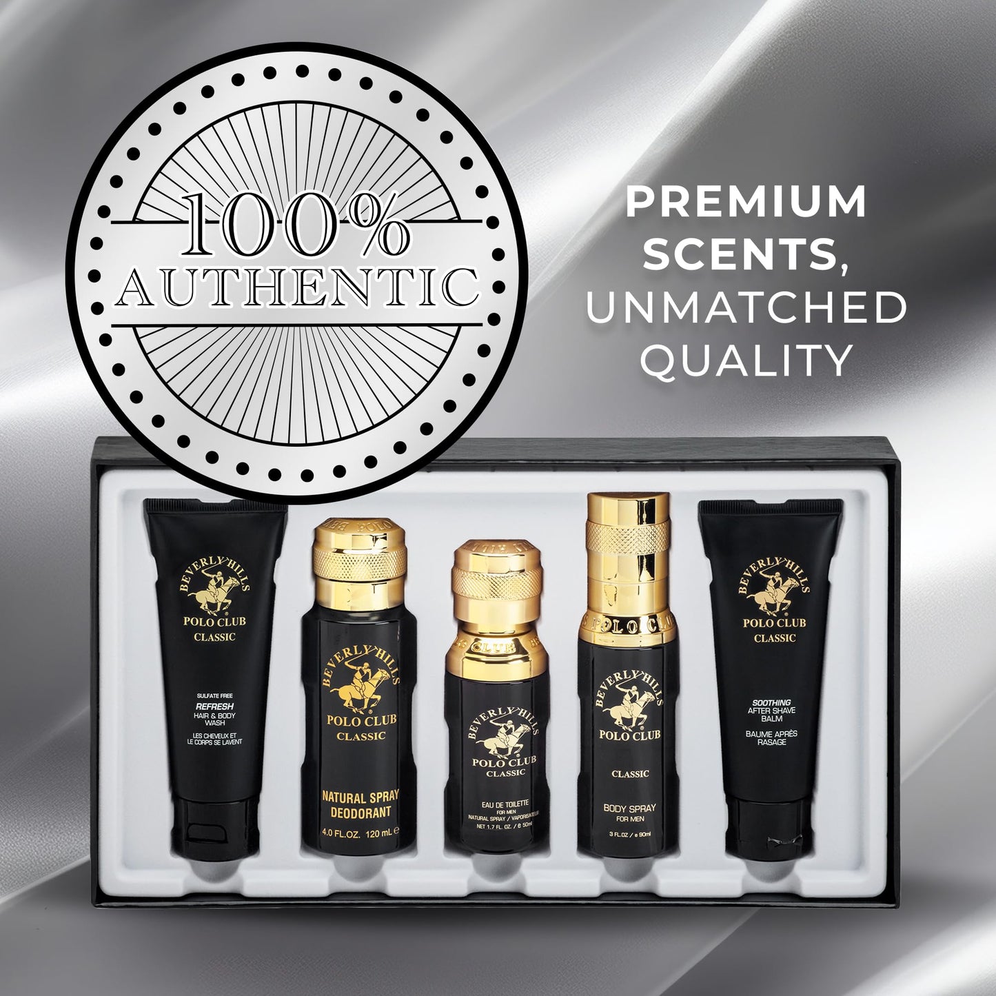 Beverly Hills Polo Club BHPC Cologne 5 Piece Gift Set for Men | Eau de Toillete, Deodorant, Shower Gel, Body Wash, Body Spray Fragrances (Classic)