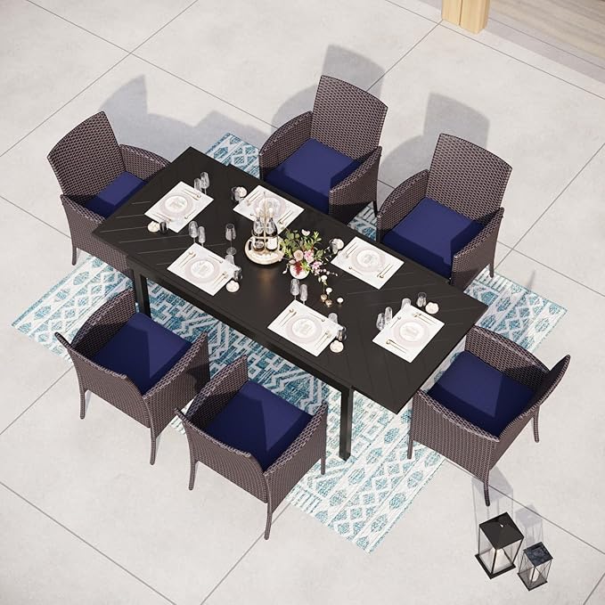 MFSTUDIO Patio Wicker Chair Sets of 6, Outdoor Patio Rattan Sofa Dining Chairs Set of 6 with Navy Removable Cushions, Armrests and Metal Frame, 330lbs, Backyard, Porch