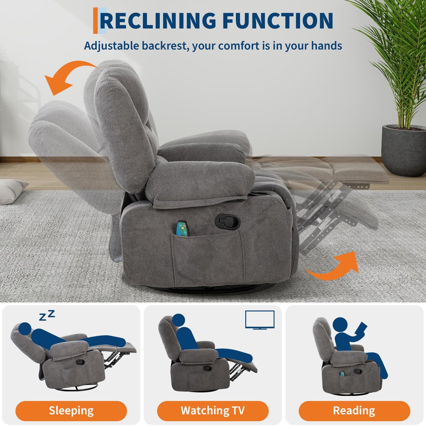 Oversized Wide Recliner Chair with Vibration Massage and Heat, 360° Swivel Recliner Glider for Adults,Chenille Fabric Manual Reclining Single Sofa with Cup Holders & Side Pockets for Living Room,Grey