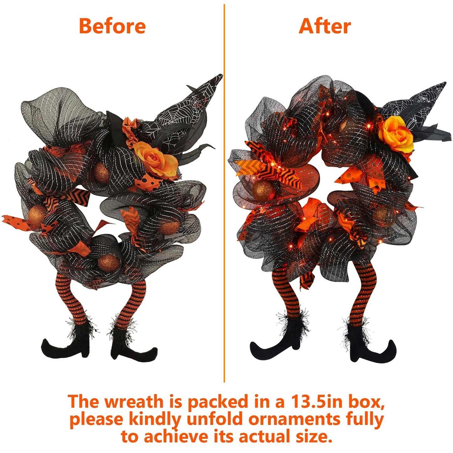 yosager Halloween Wreaths, Halloween Decorations Witch Hat and Legs Wreath, Lighted with 30 LED Orange Lights, Front Door Wall Light up Wreath Ornaments Holiday Party Thanksgiving Decor