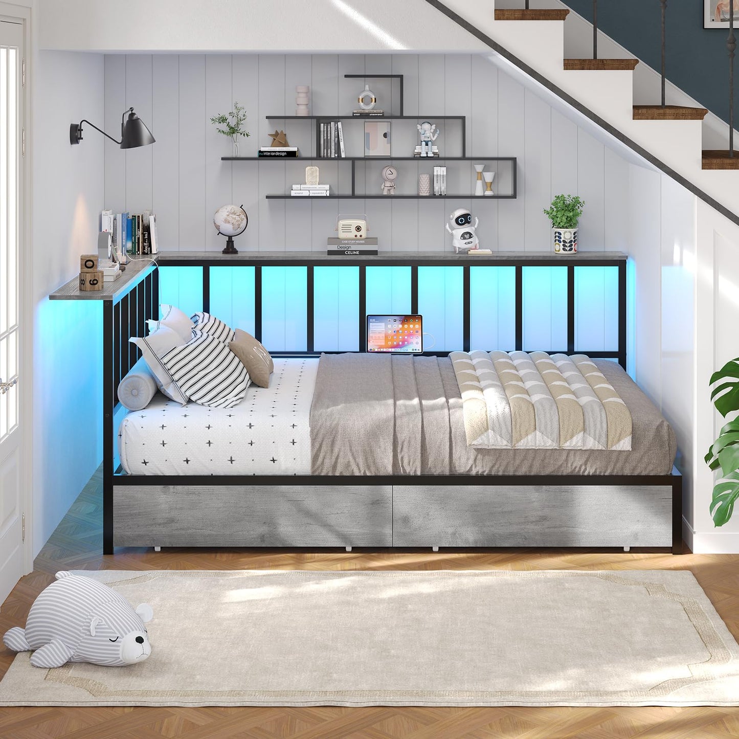 Hasuit Twin Corner Bed Frame with 2 Storage Drawers, Modern Twin Daybed with Charging Station and LED Lights for Kids Teenagers, Metal Platform Bed Frame for Bedroom, Living Room, Guest Room, Oak Gray