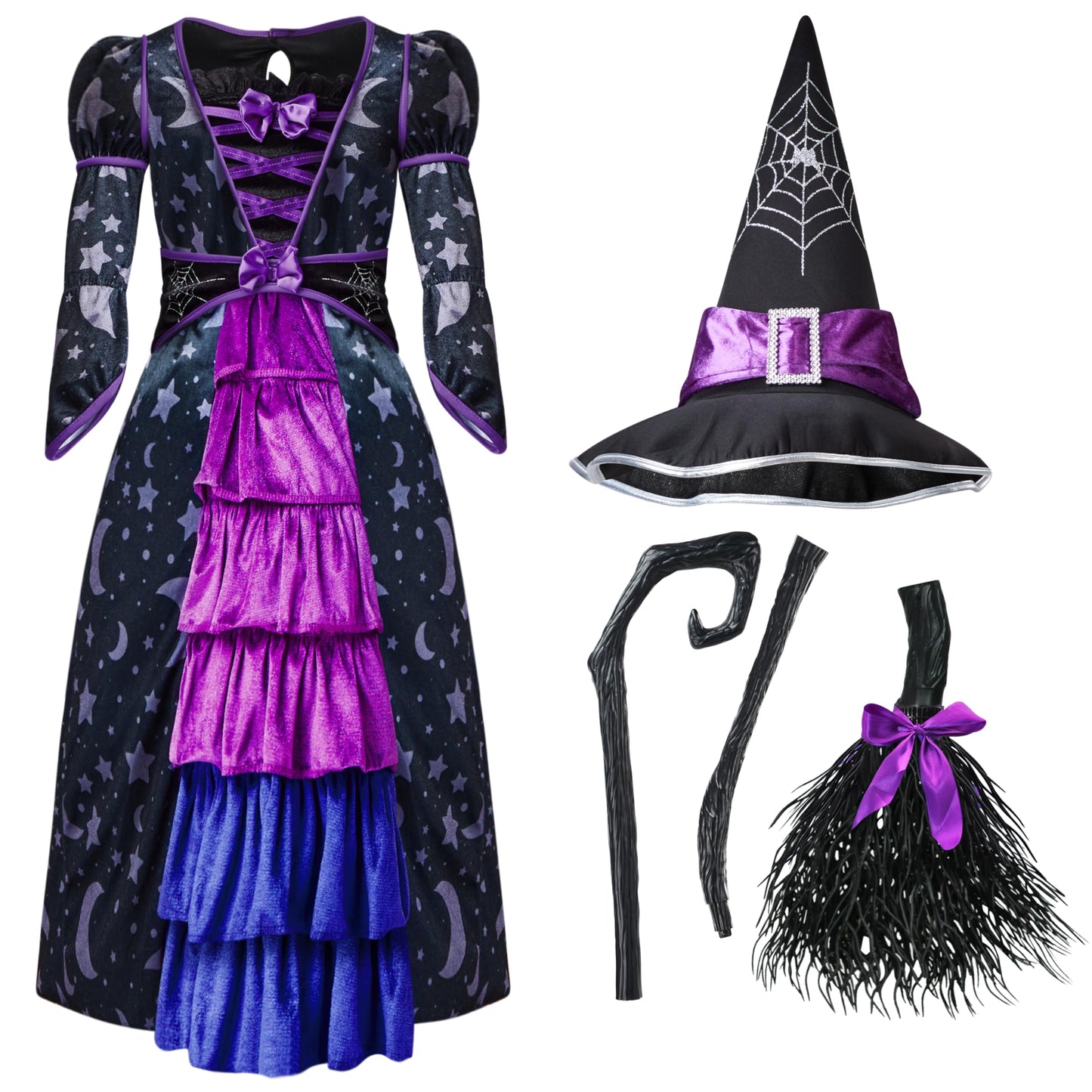 Spooktacular Creations Halloween Child Girl Purple Witch Costume, Toddler Stars and Moon Witch Dress for Kids Halloween Pretend Play Parties (Small (5-7 yr))