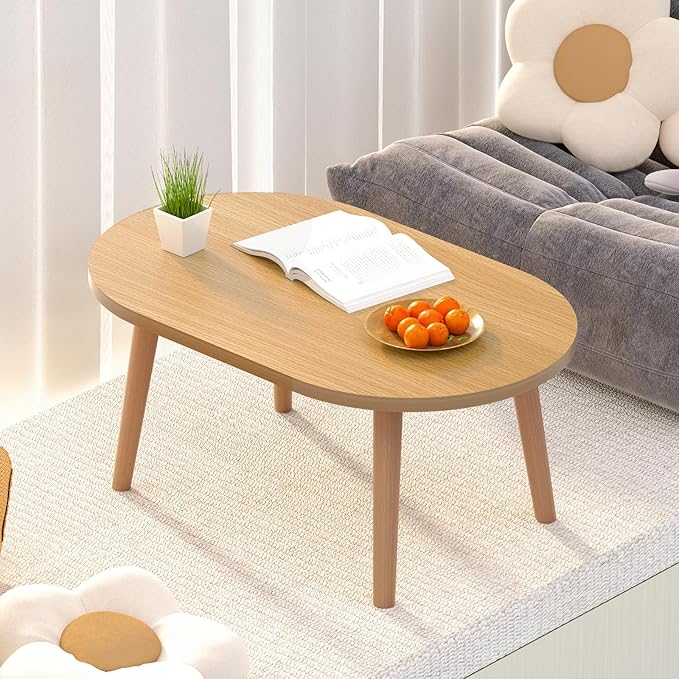 Small Coffee Table for Small Space, Low Table with Solid Wood Legs, Floor Table Desk for Sitting on The Floor, Japanese Coffee Table for Living Room, Tatami Tea Tables, Oval Coffee Tables, Brown