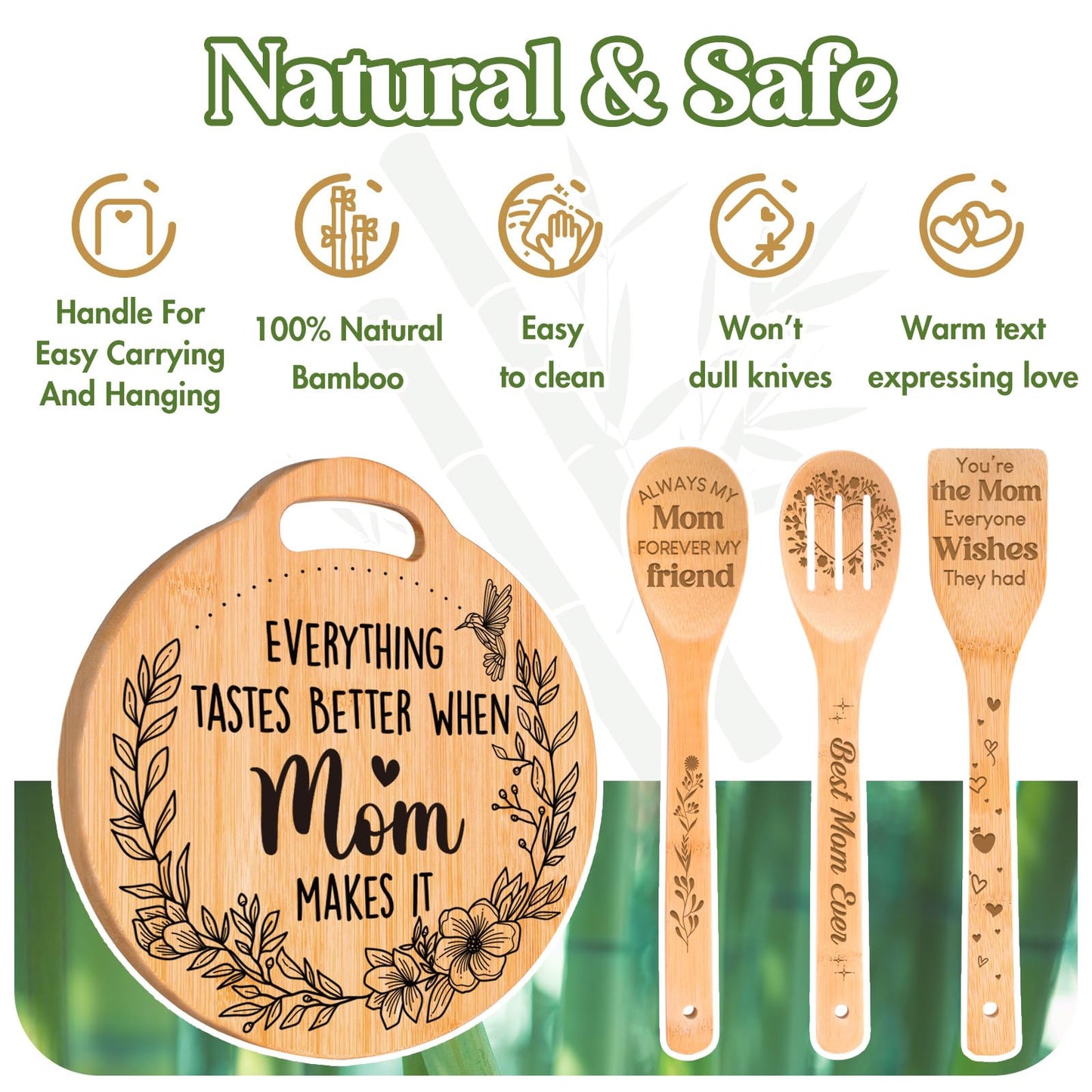 Birthday Gifts for Mom - Cute Engraved Bamboo Cutting Board Set, Perfect Mom Birthday Gifts from Daughter/Son, Mothers Day Christmas Birthday Gifts for Mom Mother, Home and Kitchen Decor