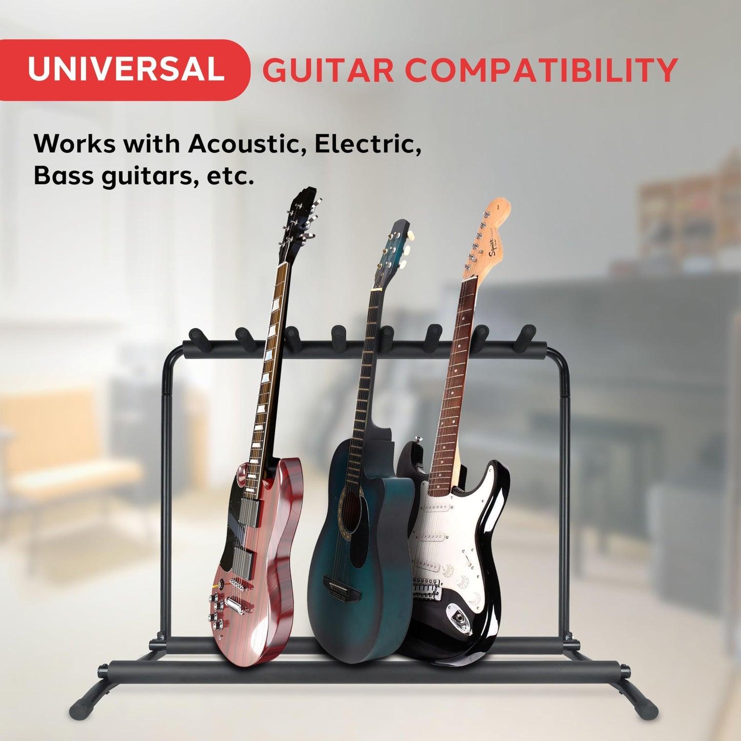Pyle Multi-Guitar Stand 7 Slot Display Rack - Universal Framework Designed For Electric, Acoustic, Bass Guitars & Cases - Foldab