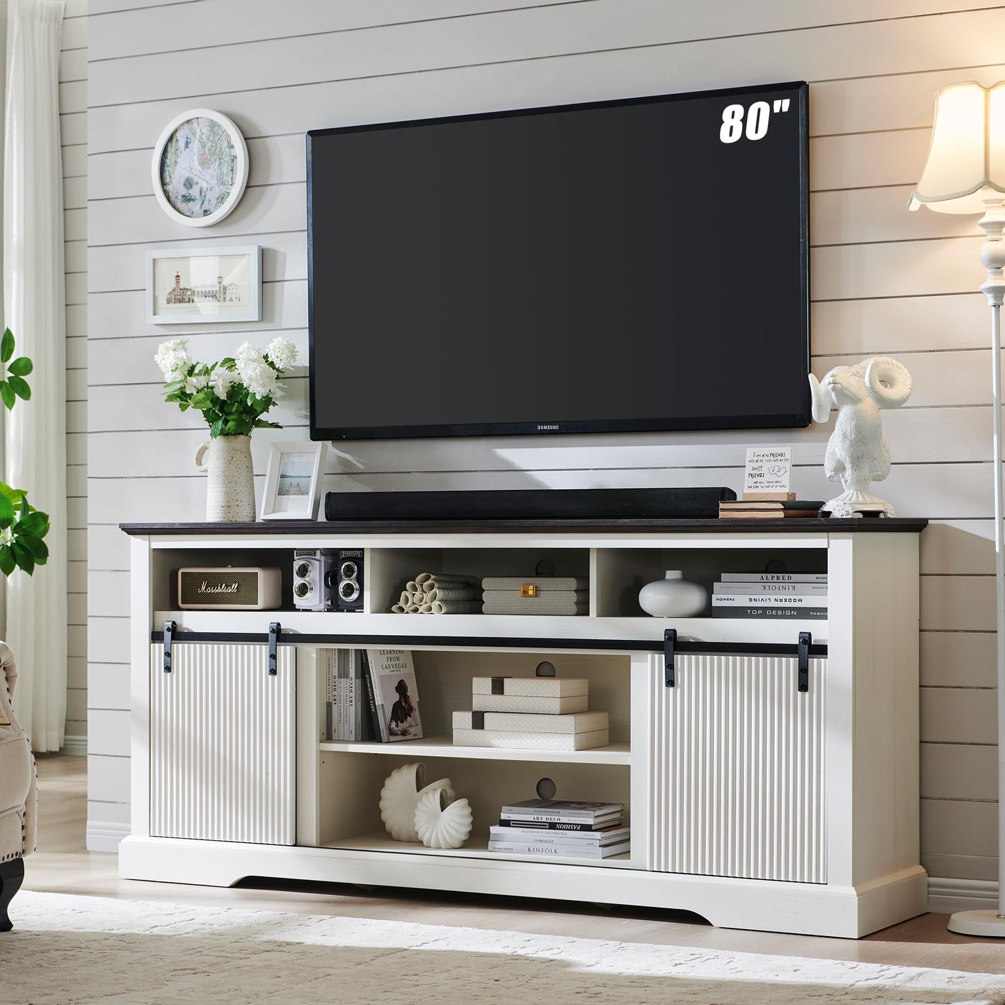 Fluted TV Stand for 80 Inch TVs, 32" Modern Entertainment Center with Waveform Panel Sliding Door, Media Console Cabinet w/Storage, Soundbar & Adjustable Shelf for Living Room, 70 inch (White)