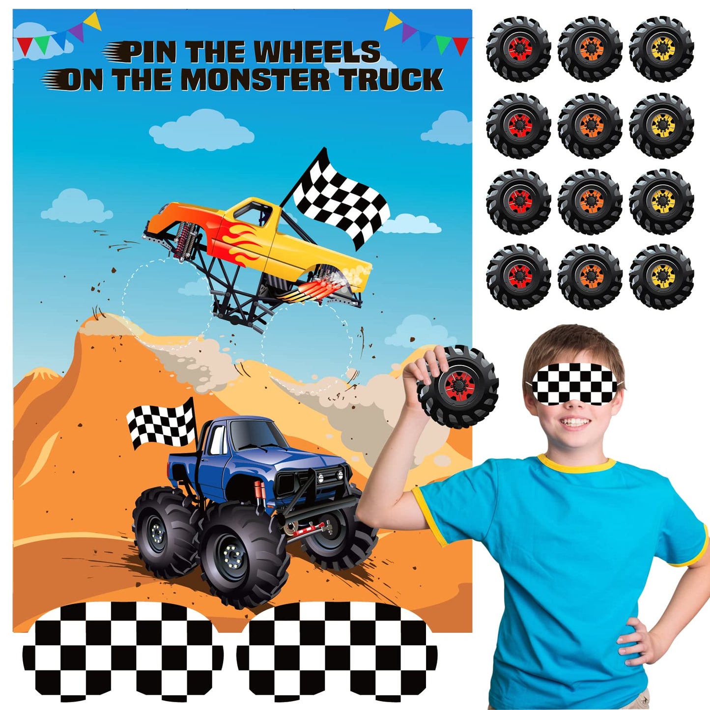 ASTARON Pin The Tail Games Pin The Wheels on The Truck Party Game with 30 Tyres Stickers for Car Theme Birthday Party Supplies, Boys Party Baby Shower Background Christmas Party Gifts Favors