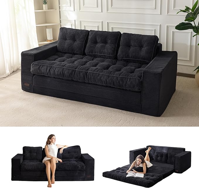 MAXYOYO Convertible Sofa Bed, Pull Out 3 Seater Sleeper Sofa, 2 in 1 Folding Couch Bed, Fold Out Floor Couch with Pillows for Living Room Bedroom Lounge, Black