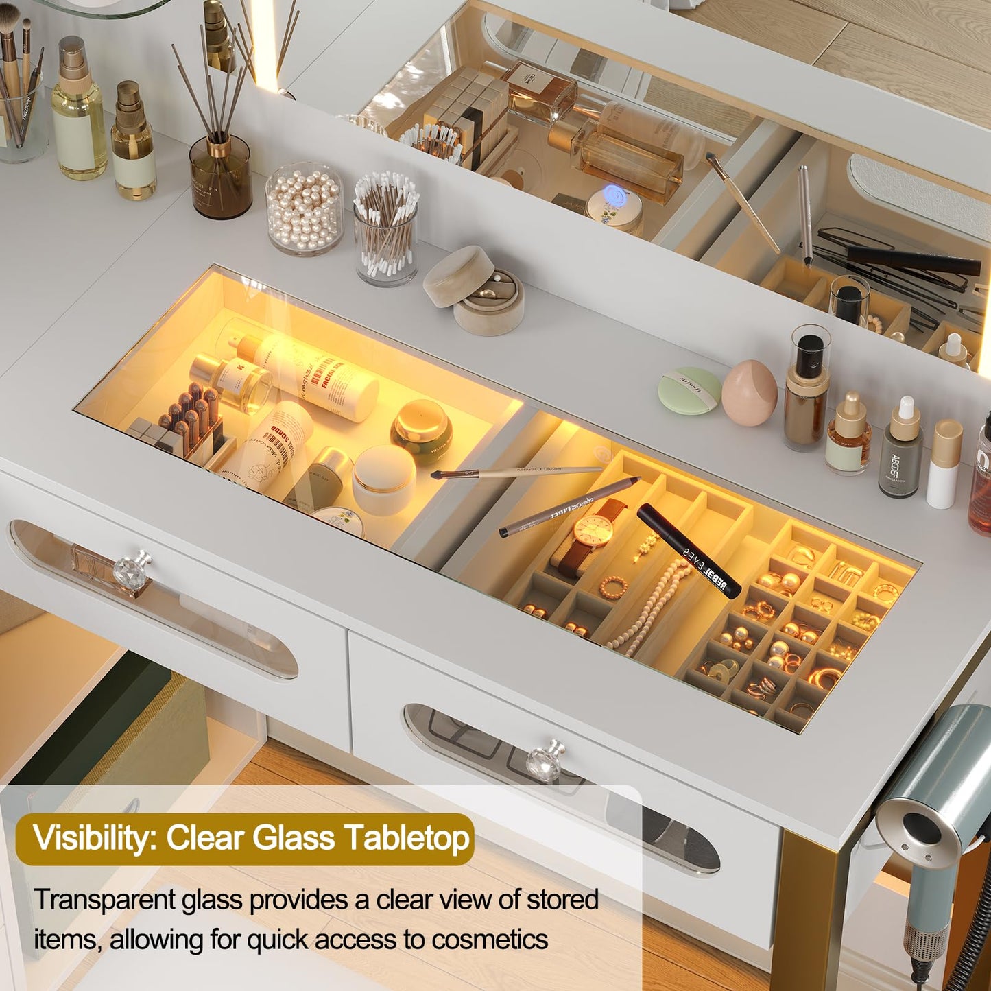 CollaredEagle Vanity Desk with Mirror and Lights, 43" Big Modern Vanity Desk, Transparent Top Vanity with 2 RGB Drawers, with Power Outlet & Stool, Modern Ample Storage Dressing Table, White