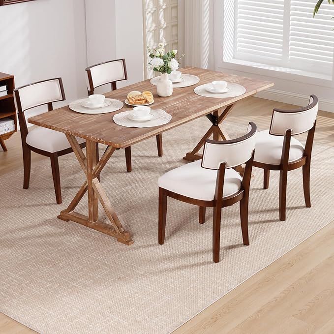 DM Furniture Dining Chairs Set of 6 Linen Fabric Upholstered Dining Room Chairs with Curved Backrest Mid Century Modern Farmhouse Kitchen Chair Solid Wood Side Chairs for Living Room/Restaurant