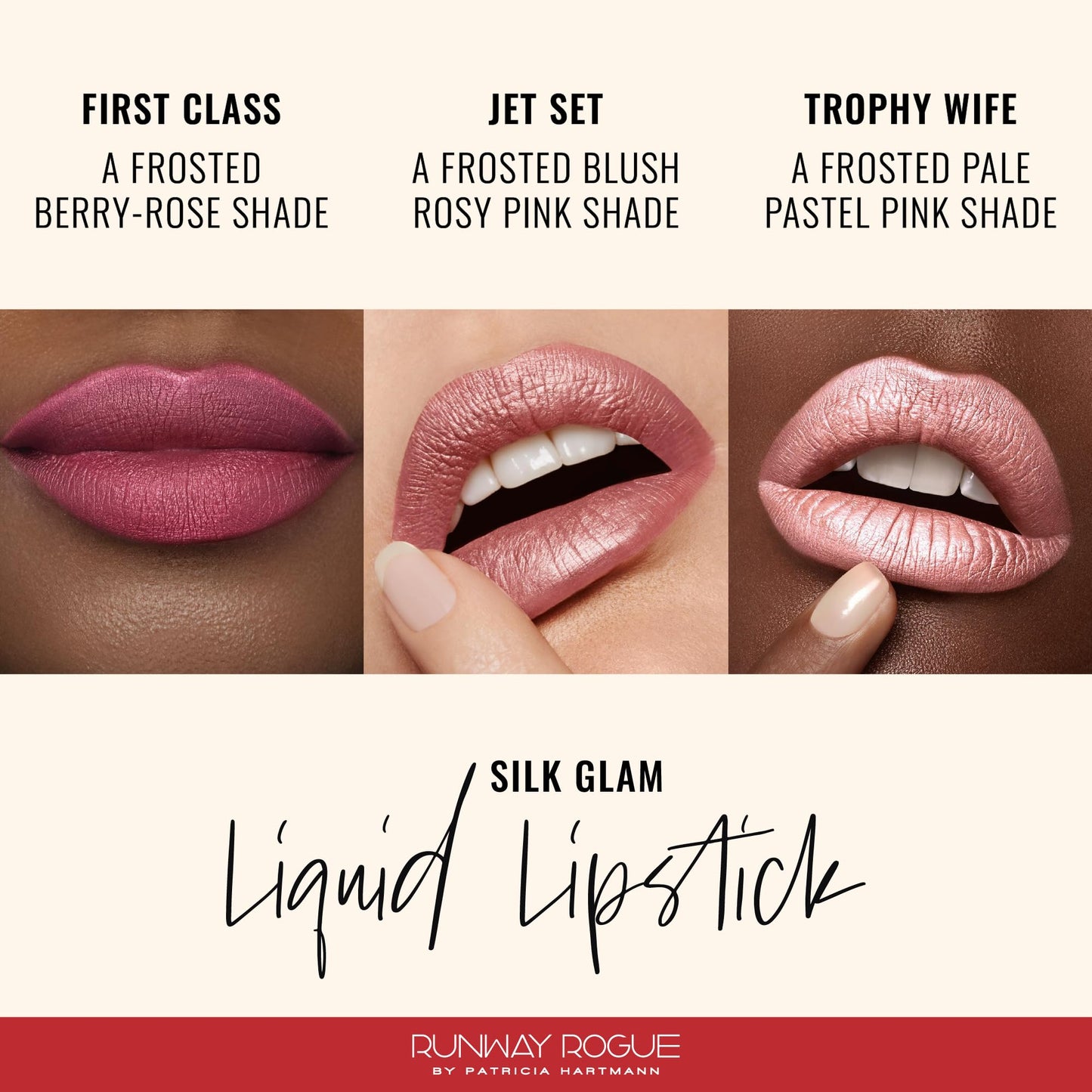 Runway Rogue Silk Glam Liquid Lipstick Lip Trio, Long Wear Frosted Liquid Lipstick Pack, (First Class, Jet Set, Trophy Wife)