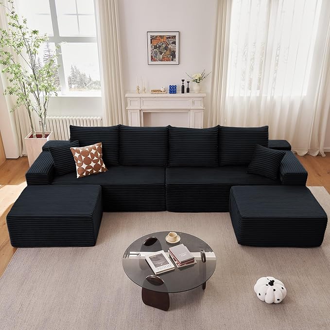140" Sectional Cloud Couch for Living Room, Modular Floor Deep-Seat Sofa, Big Comfy Corduroy Couches Set with Fluffy Memory Foam, Stupendous U Shaped Sofas, No Assembly Required, Black