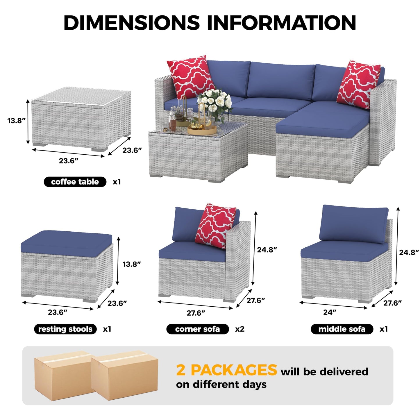 IDEALHOUSE 5-Piece Outdoor Sectional Sofa Set – All-Weather PE Rattan Conversation Furniture with Tempered Glass Table, Waterproof Blue Cushions & Footstool – Garden, Porch, Poolside – Gray Gradient