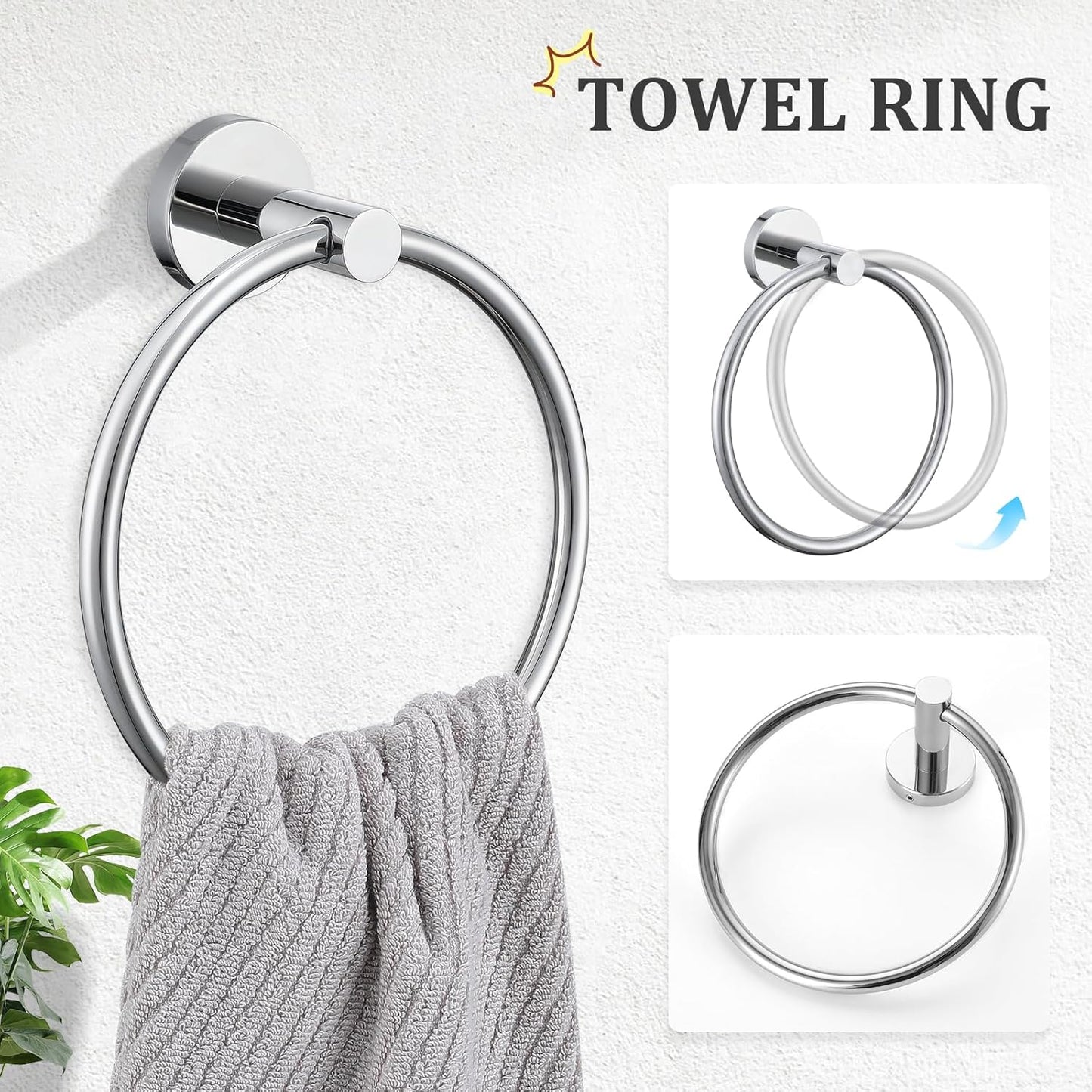 TURS Chrome 5 Piece Bathroom Hardware Set, SUS304 Stainless Steel 24 Inch Bath Towel Bar Set, Round Bathroom Accessories Kit Wall Mounted